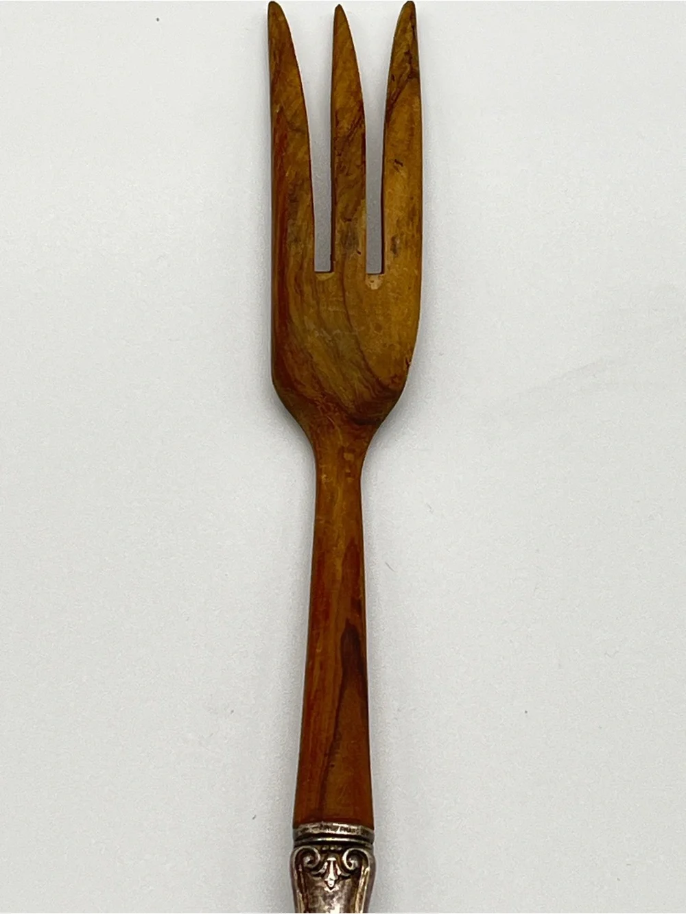 Vintage WEB wooden salad serving fork with ornate STERLING silver  handle.